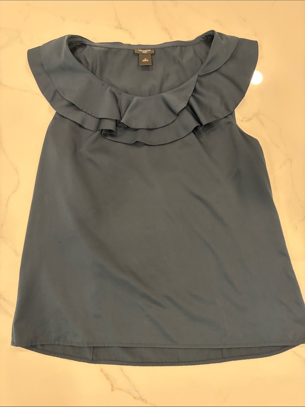 Ann Taylor Navy Blue Ruffle-Neck Sleeveless Shirt